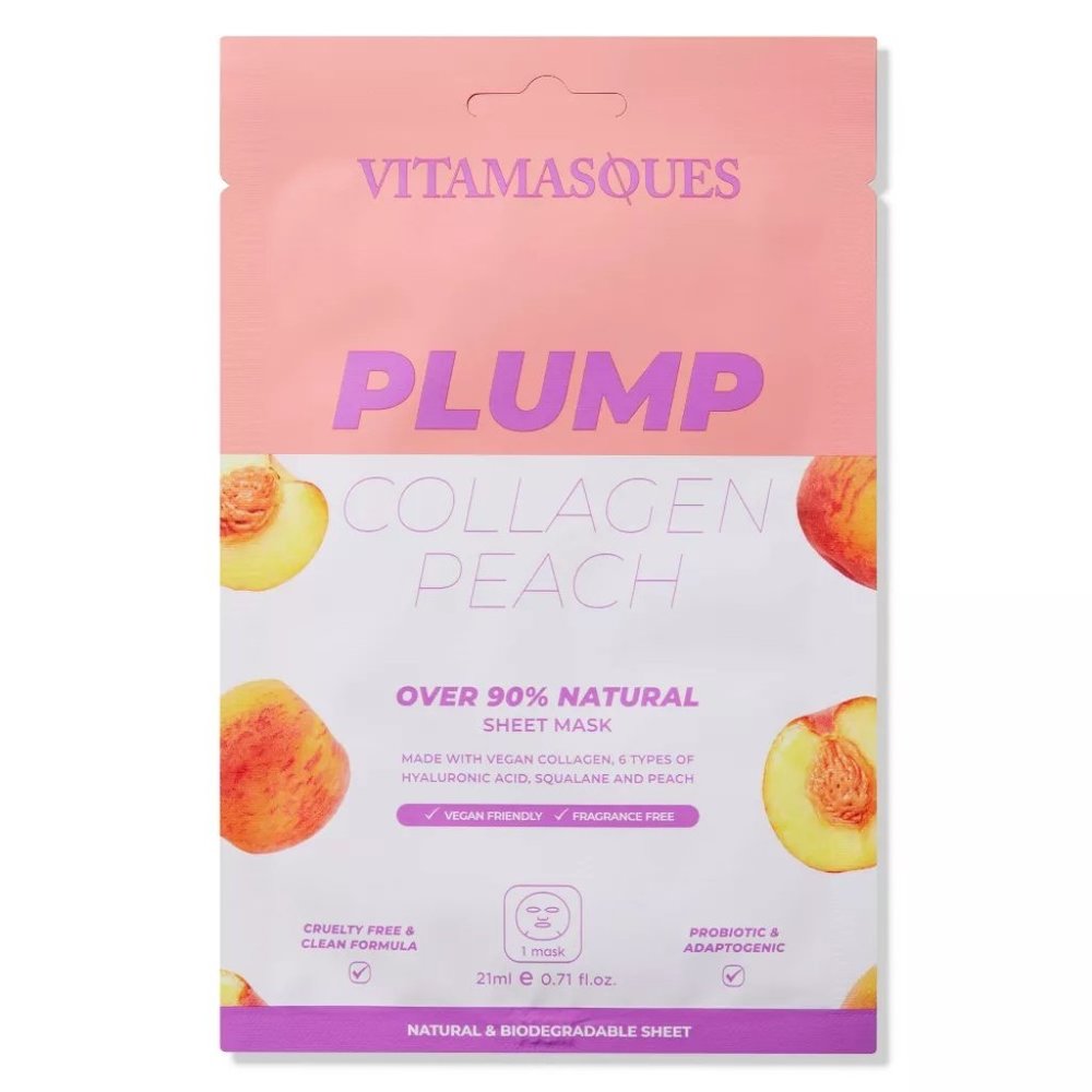 Vitamasques Plump Collagen Peach Biodegradable Sheet Mask & Eco Pouch 6 Pack